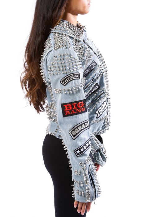 Women's Blue Denim Jacket with Spikes & Cool Patches by Nivel Bags