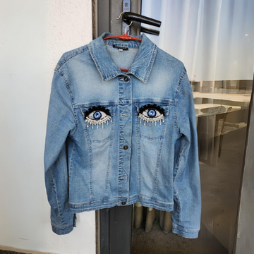 Women's Blue Denim Jacket with Evil Eye Sequence beads Work by Nivel Bags