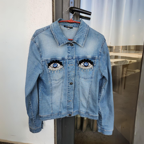 Women's Blue Denim Jacket with Evil Eye Sequence beads Work by Nivel Bags