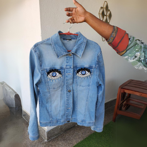 Women's Blue Denim Jacket with Evil Eye Sequence beads Work by Nivel Bags