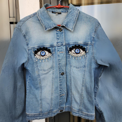 Women's Blue Denim Jacket with Evil Eye Sequence beads Work by Nivel Bags