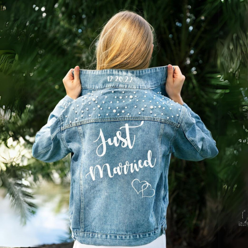 Women's Blue Denim Customized Jacket with Heavy & deatiled Pearl Work by Nivel Bags