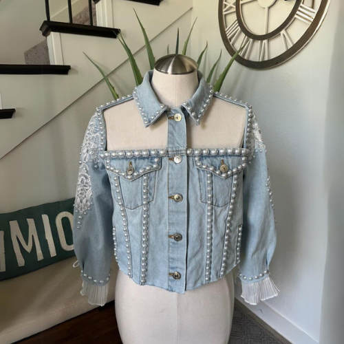 Women's Blue Denim Customized Jacket with Heavy & deatiled Pearl Work by Nivel Bags