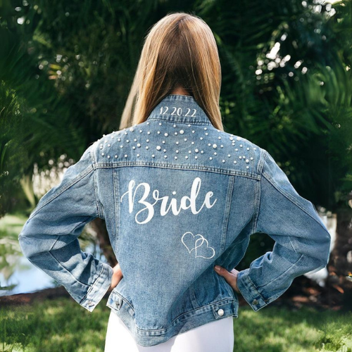 Women's Blue Denim Customized Jacket with Heavy & deatiled Pearl Work by Nivel Bags