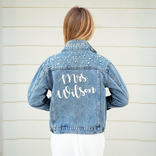 Women's Blue Denim Customized Jacket with Heavy & deatiled Pearl Work by Nivel Bags