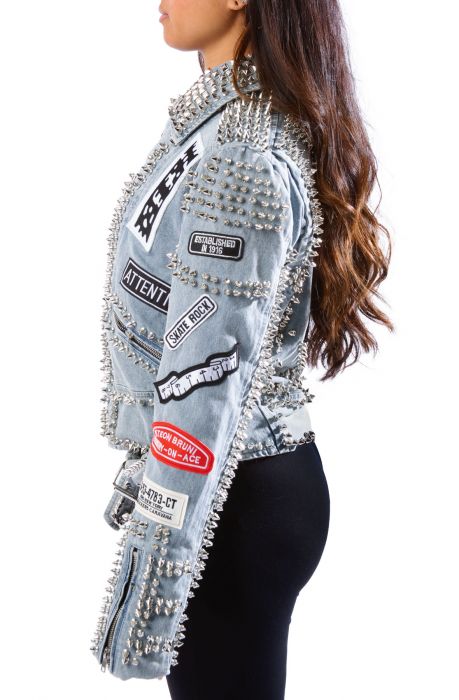 Women's Blue Denim Jacket with Spikes & Cool Patches by Nivel Bags