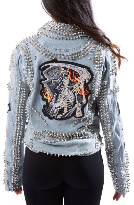 Women's Blue Denim Jacket with Spikes & Cool Patches by Nivel Bags