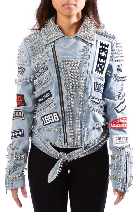 Women's Blue Denim Jacket with Spikes & Cool Patches by Nivel Bags