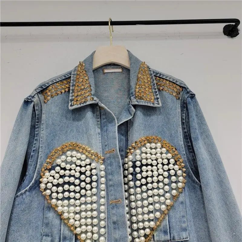 Women's Blue Denim Jacket with Sequence beads and Pearl Work by Nivel Bags