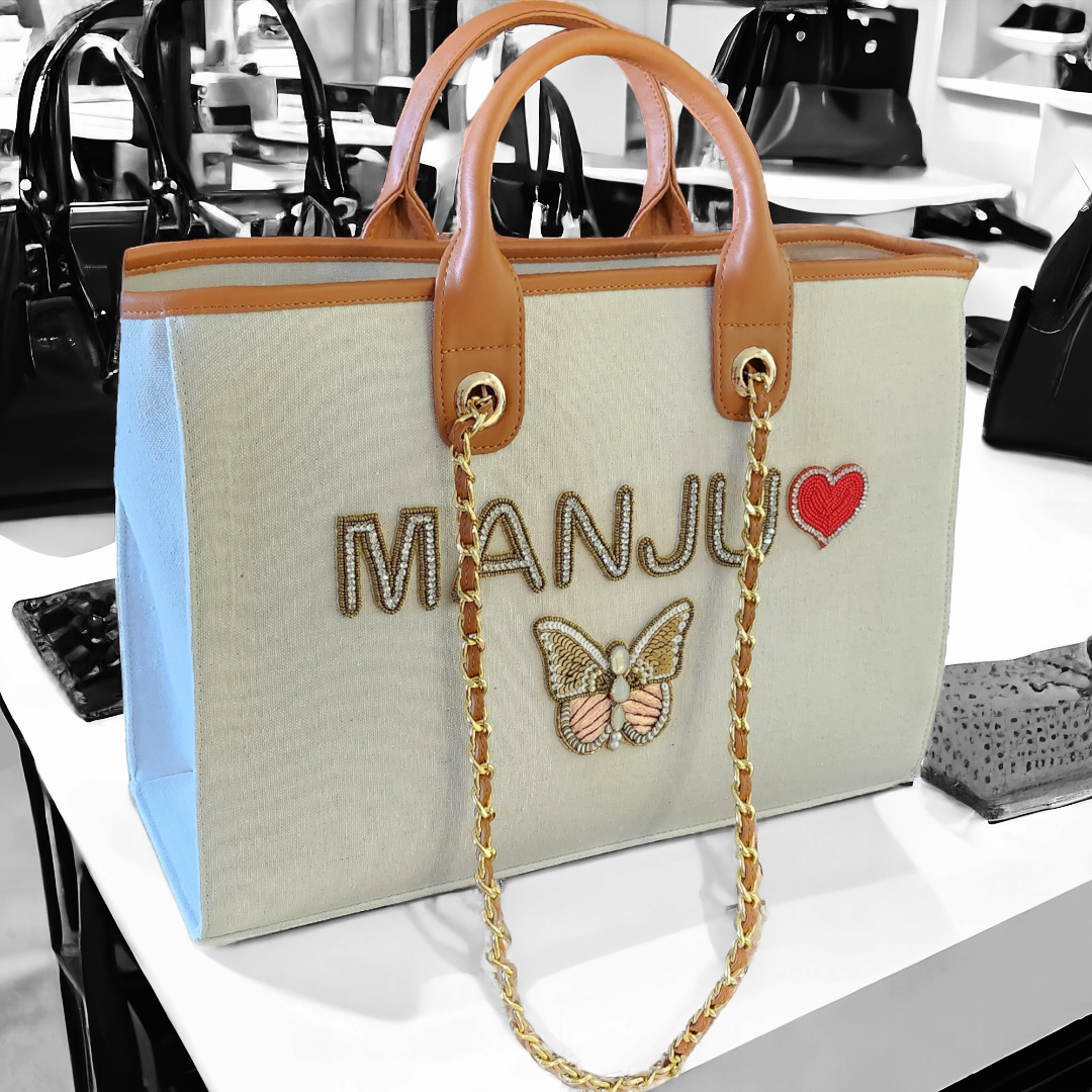 Nivel off-white Premium Customised Tote Bag with coffee brown and light brown stripes