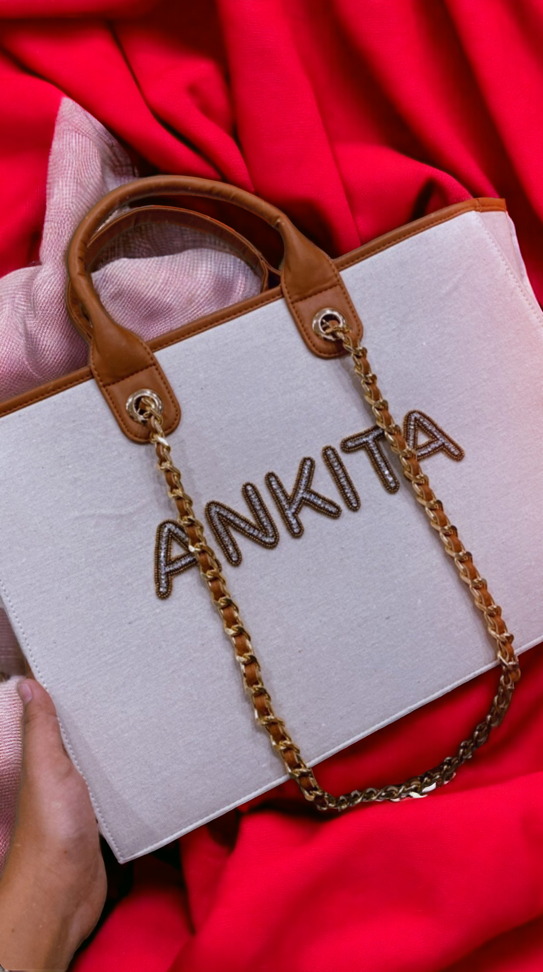 Nivel off-white Premium Customised Tote Bag with coffee brown and light brown stripes