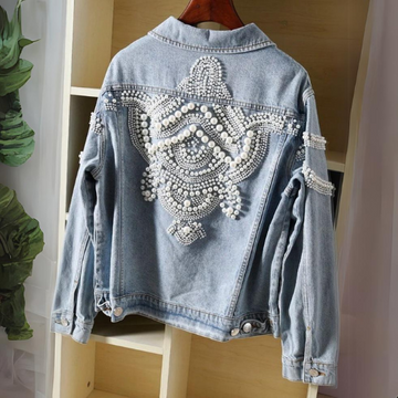 Women's Blue Denim Jacket with Heavy & deatiled Pearl Work by Nivel Bags