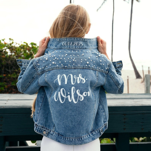 Women's Blue Denim Customized Jacket with Heavy & deatiled Pearl Work by Nivel Bags