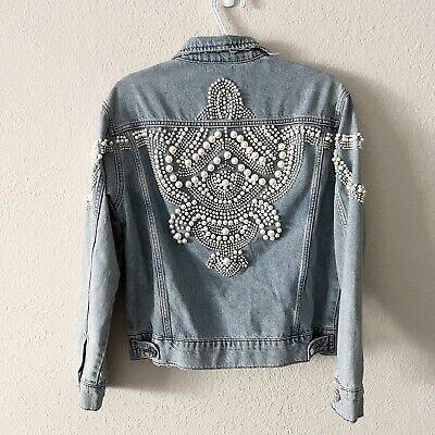 Women's Blue Denim Jacket with Heavy & deatiled Pearl Work by Nivel Bags
