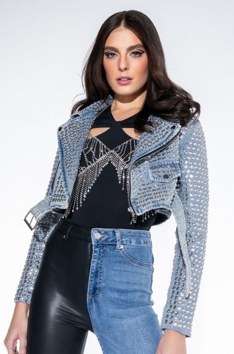 Women's Blue Denim Short Jacket with Stone Work by Nivel Bags
