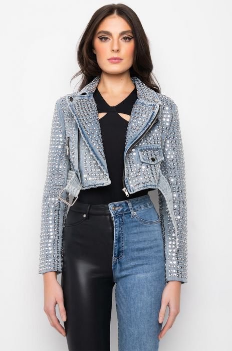 Women's Blue Denim Short Jacket with Stone Work by Nivel Bags