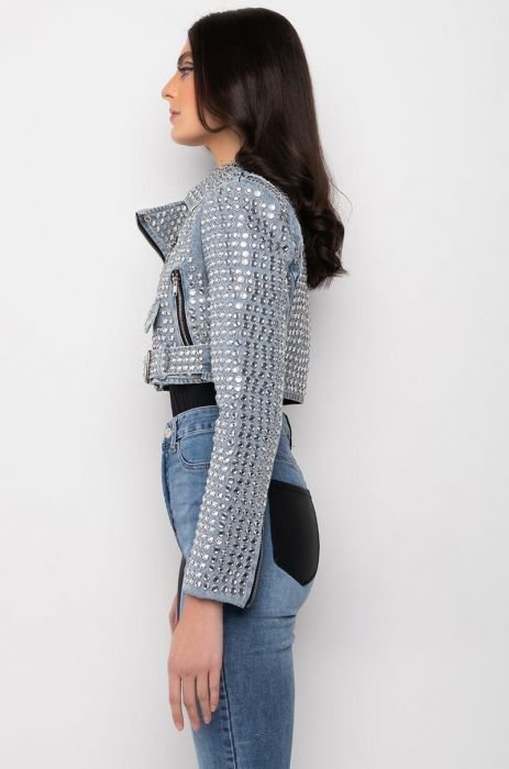 Women's Blue Denim Short Jacket with Stone Work by Nivel Bags