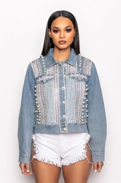 Women's Blue Denim Jacket with Pearls and Sequences studs by Nivel Bags