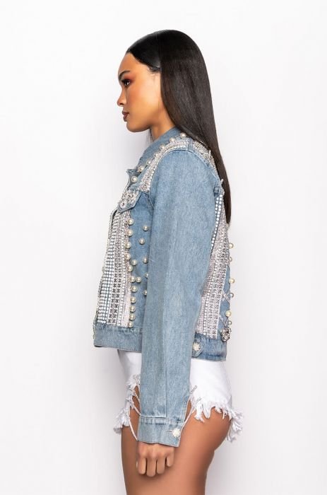 Women's Blue Denim Jacket with Pearls and Sequences studs by Nivel Bags