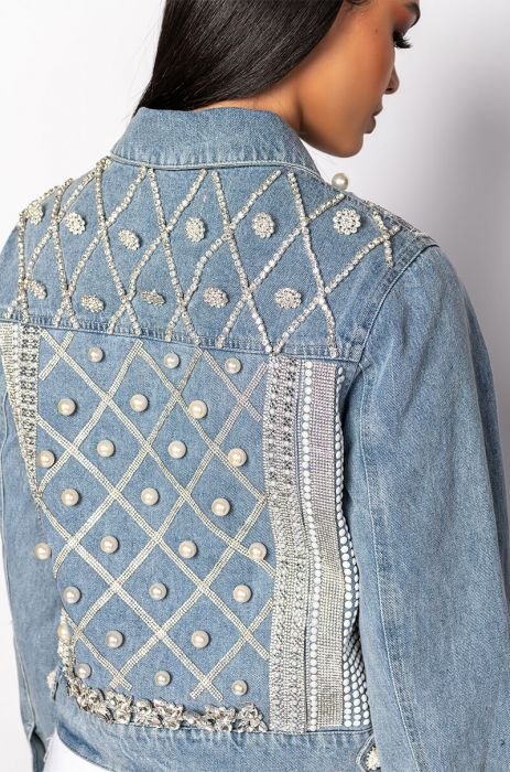 Women's Blue Denim Jacket with Pearls and Sequences studs by Nivel Bags