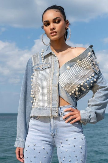 Women's Blue Denim Jacket with Pearls and Sequences studs by Nivel Bags