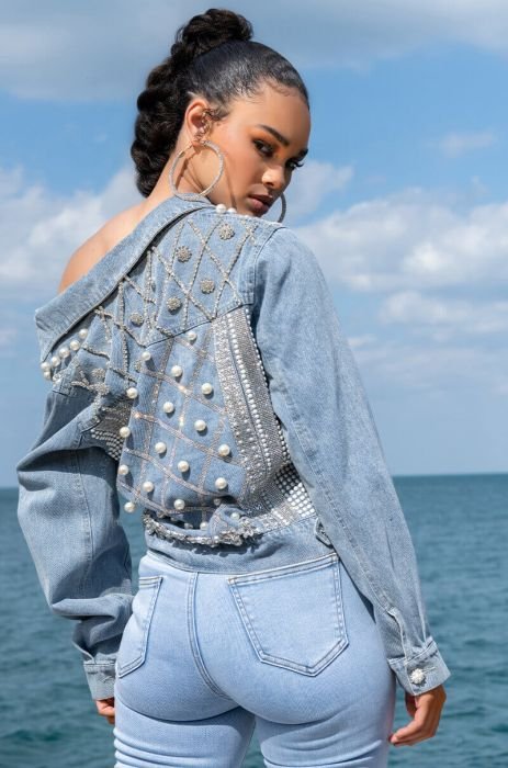 Women's Blue Denim Jacket with Pearls and Sequences studs by Nivel Bags