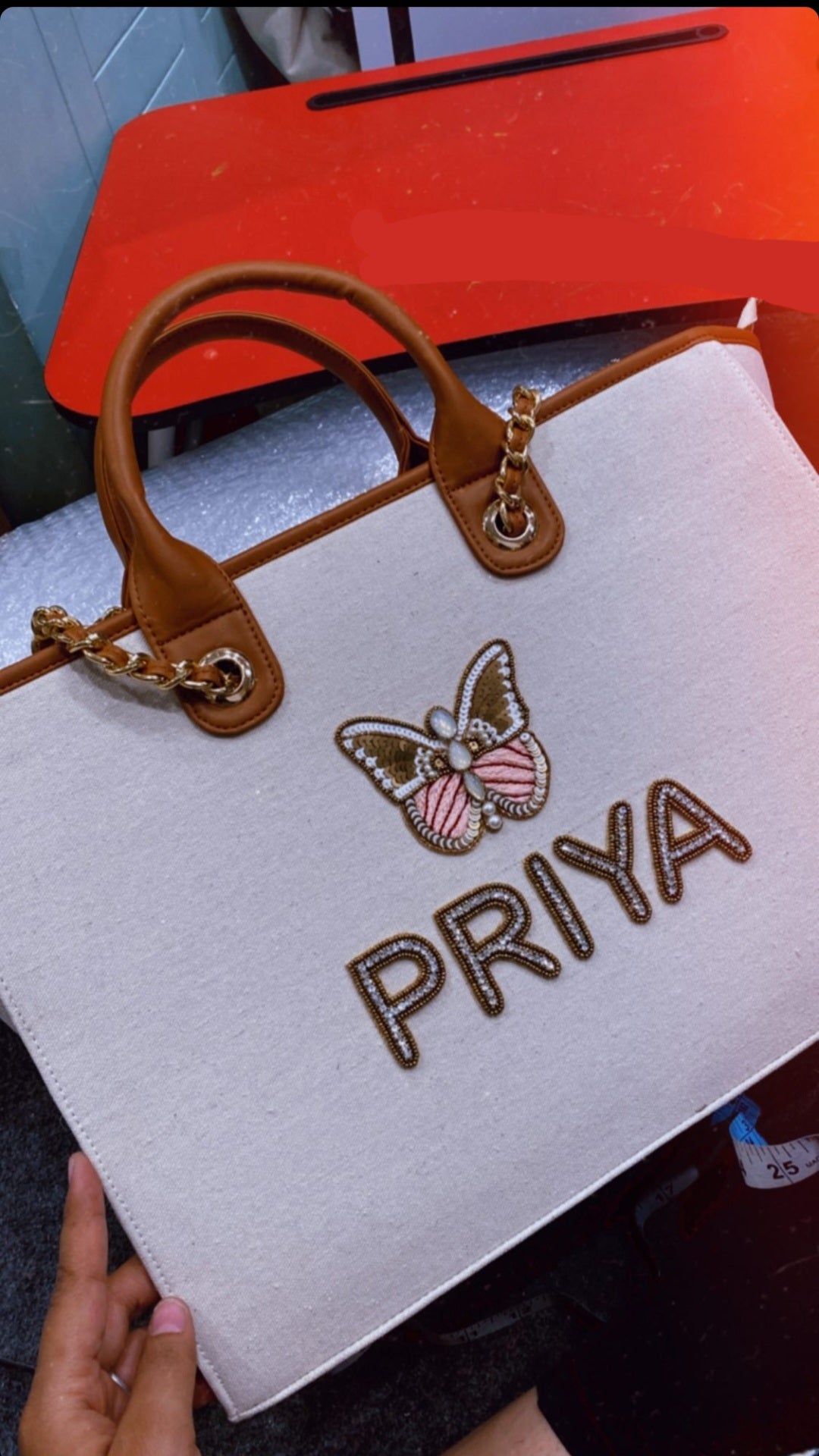 Nivel off-white Premium Customised Tote Bag with coffee brown and light brown stripes